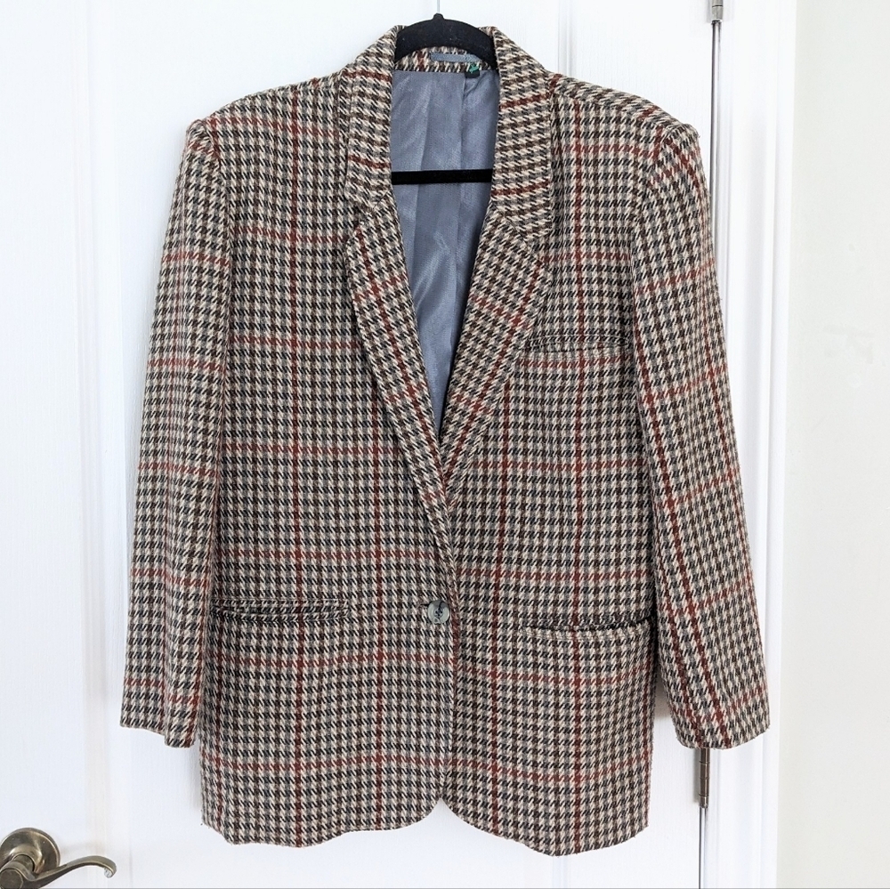 Vintage Harrinbone Houndstooth brown blazer jacket large @A9